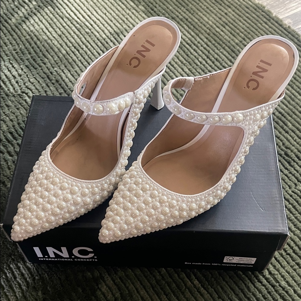 INC International Concepts Pearl-Studded Cream Heels